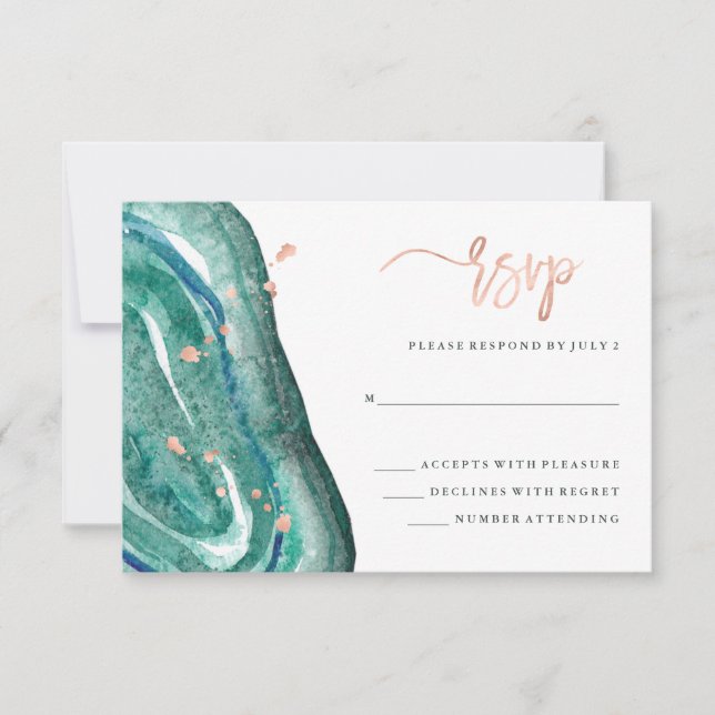 Aquarell Aquamarin Geode und Imitate Rose Gold UAW RSVP Karte (Vorderseite)