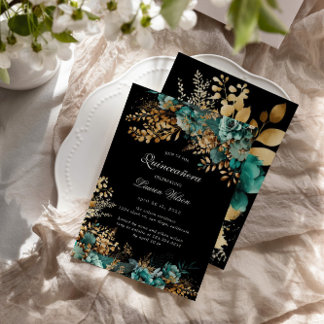 Aquarell Aquamarin Gold Floral Quinceanera Einladung