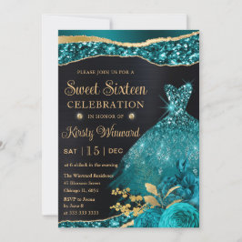 Aquarell Aquamarin & Gold Glitzer Dress 16 . Gebur Einladung