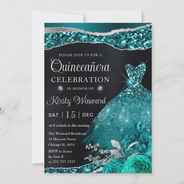 Aquarell Aquamarin Silver Glitzer Kleid Quinceaner Einladung (Vorderseite)
