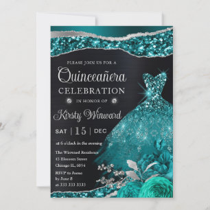 Aquarell Aquamarin Silver Glitzer Kleid Quinceaner Einladung
