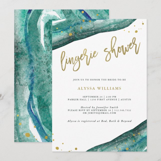 Aquarell Aquamarin und Gold Geode-Fingerie-Dusche Einladung (Vorne/Hinten)