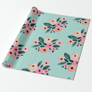 Aquarell Aquamarin und rosa Blüten Geschenkpapier