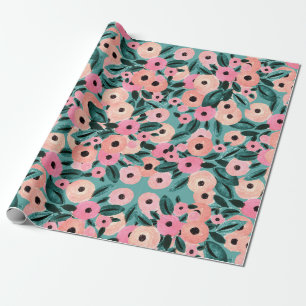 Aquarell Aquamarin und rosa Blüten Geschenkpapier