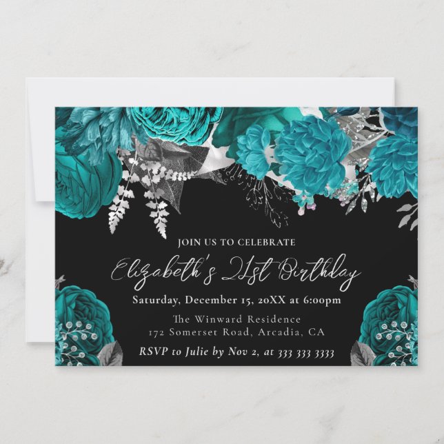 Aquarell Aquamarin und Silber Rose 21. Geburtstag Einladung (Vorderseite)