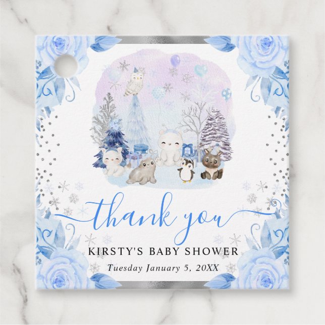 Aquarell Arctic Animals Floral Baby Dusche Geschenkanhänger (Vorderseite)