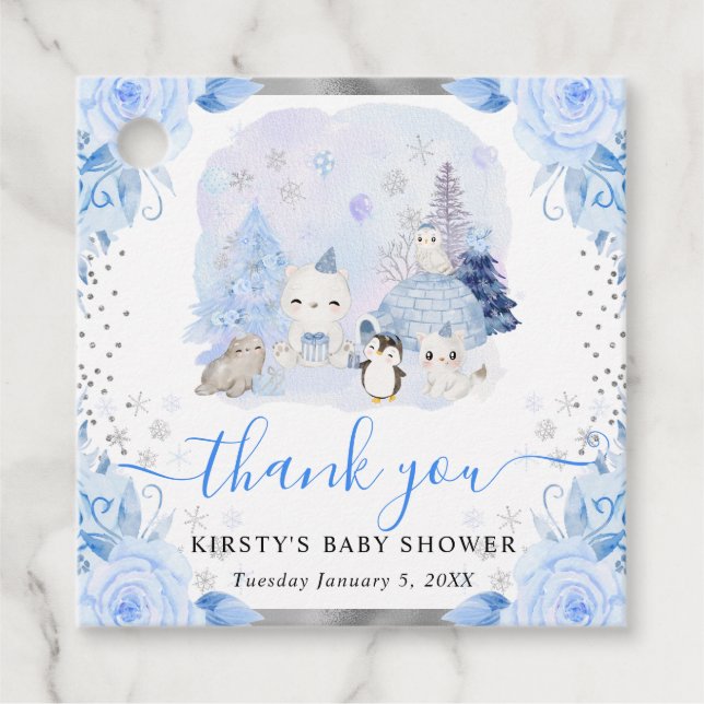 Aquarell Arctic Animals Floral Baby Dusche Geschenkanhänger (Vorderseite)