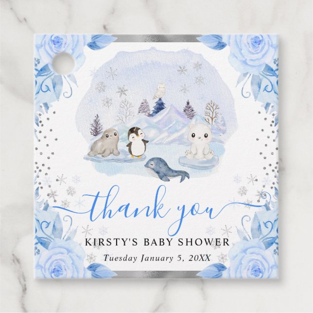 Aquarell Arctic Animals Floral Baby Dusche Geschenkanhänger (Vorderseite)