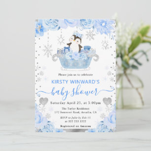 Aquarell-Arktis-Pinguin-Blumen-Baby-Party Einladung