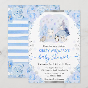 Aquarell-Arktis-Tiere-Blumen-Baby-Party Einladung