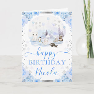 Aquarell-Arktis-Tiere-Blumen-Geburtstag Karte