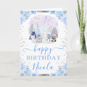 Aquarell-Arktis-Tiere-Blumen-Geburtstag Karte