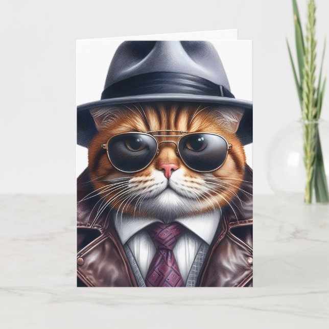 Aquarell Art Cat Anzug Krawatte Jacket Hat Sonnenb Karte (Vorderseite)