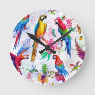 Aquarell-Art-Papageien Runde Wanduhr