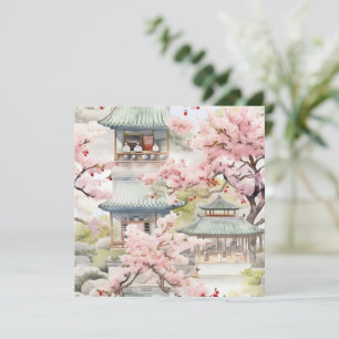Aquarell Asiatische Pagode Amistkreuz Blüten