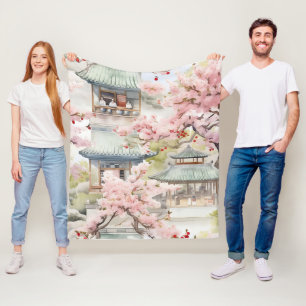 Aquarell Asiatische Pagode Amistkreuz Blüten Fleecedecke