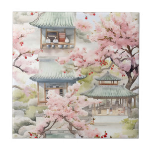 Aquarell Asiatische Pagode Amistkreuz Blüten Fliese