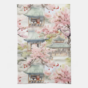 Aquarell Asiatische Pagode Amistkreuz Blüten Geschirrtuch