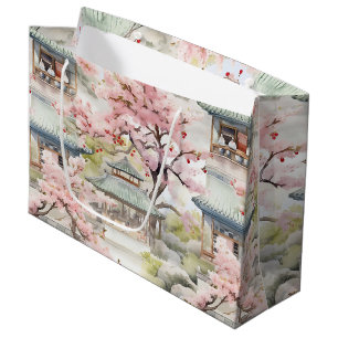 Aquarell Asiatische Pagode Amistkreuz Blüten Große Geschenktüte