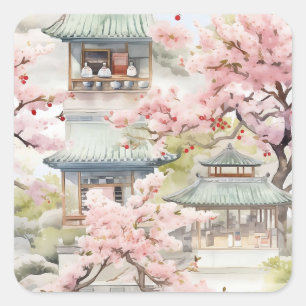Aquarell Asiatische Pagode Amistkreuz Blüten Quadratischer Aufkleber