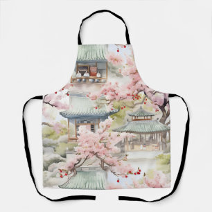 Aquarell Asiatische Pagode Amistkreuz Blüten Schürze