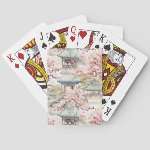 Aquarell Asiatische Pagode Amistkreuz Blüten Spielkarten