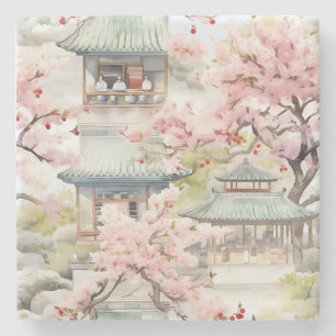 Aquarell Asiatische Pagode Amistkreuz Blüten Steinuntersetzer