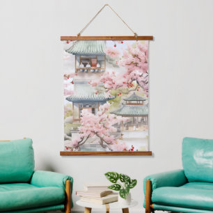 Aquarell Asiatische Pagode Amistkreuz Blüten Wandteppich Mit Holzrahmen