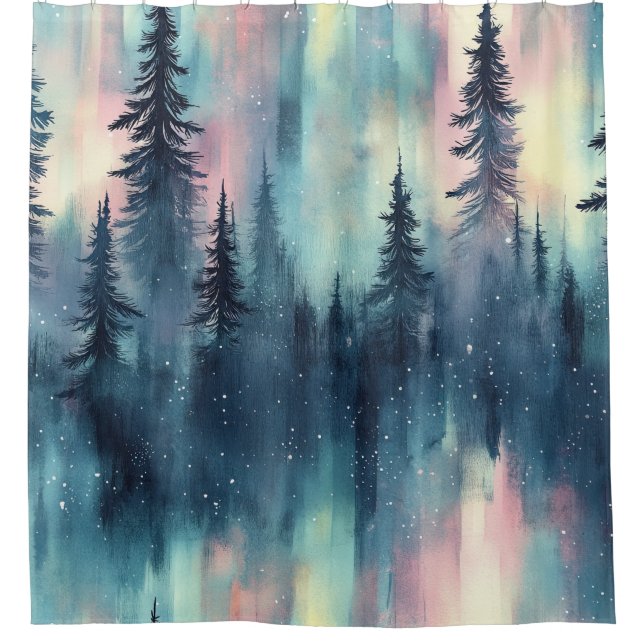 Aquarell Aurora Borealis Wald Duschvorhang (Vorderseite)