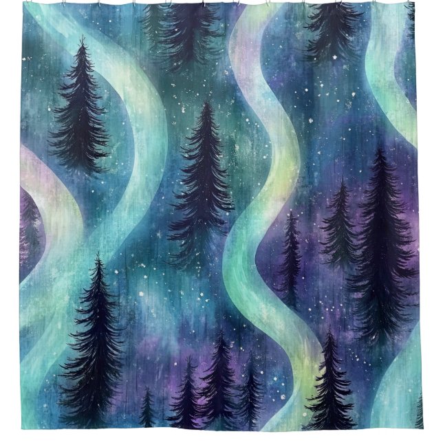 Aquarell Aurora Wald Muster Duschvorhang (Vorderseite)
