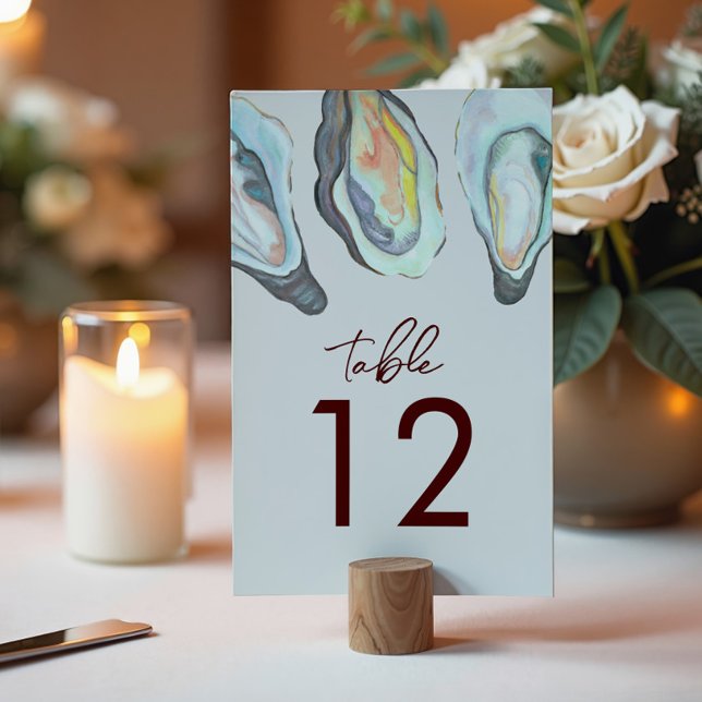 Aquarell-Auster-Küstenstrand-Meeresblau-Hochzeit Tischnummer (Von Creator hochgeladen)