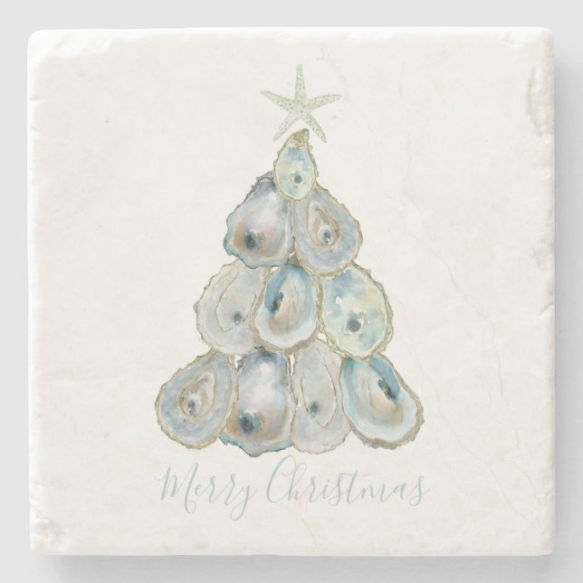 Aquarell-Auster-Weihnachtsbaum Steinuntersetzer (Vorderseite)