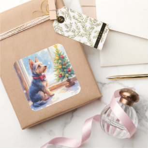 Aquarell Australian Terrier Tisch Weihnachten Quadratischer Aufkleber
