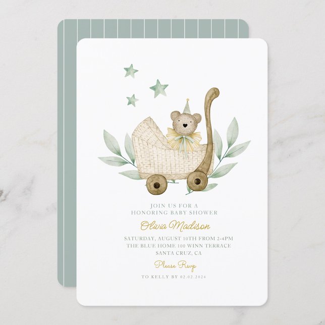 Aquarell Baby Bear Pflanze Blume Babydusche Einladung (Von Creator hochgeladen)