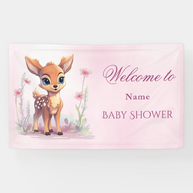 Aquarell Baby Deer Pink Blume Kinderdusche Banner (Horizontal)