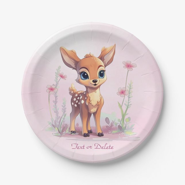 Aquarell Baby Deer Pink Blume Papierplatte Pappteller (Vorderseite)