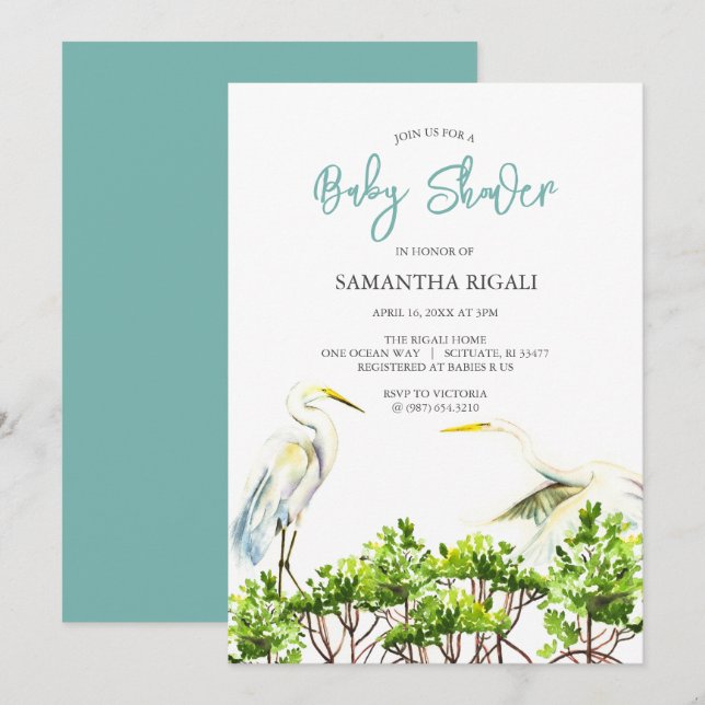 Aquarell Baby Dusche White Heron Mangroves Einladung (Vorne/Hinten)