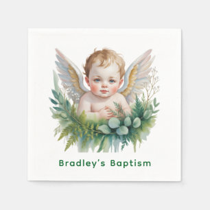 Aquarell-Baby-Engel mit Grün Taufe  Serviette