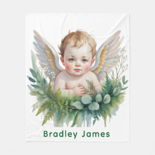 Aquarell-Baby-Engel mit Grün-Taufgeschenk Fleecedecke