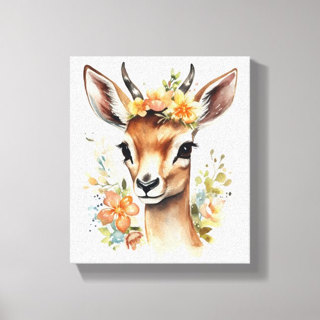 Aquarell Baby Gazelle mit Blume Leinwanddruck (Vorderseite)