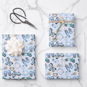 Aquarell-Baby-Junge-Muster mit Spielzeug Kleidung  Geschenkpapier Set