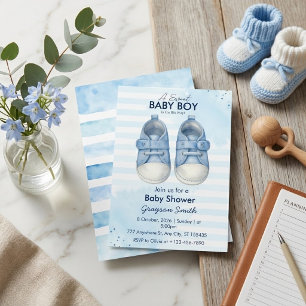Aquarell-Baby-Jungen-Schühchen Blaue Streifen Dusc Einladung