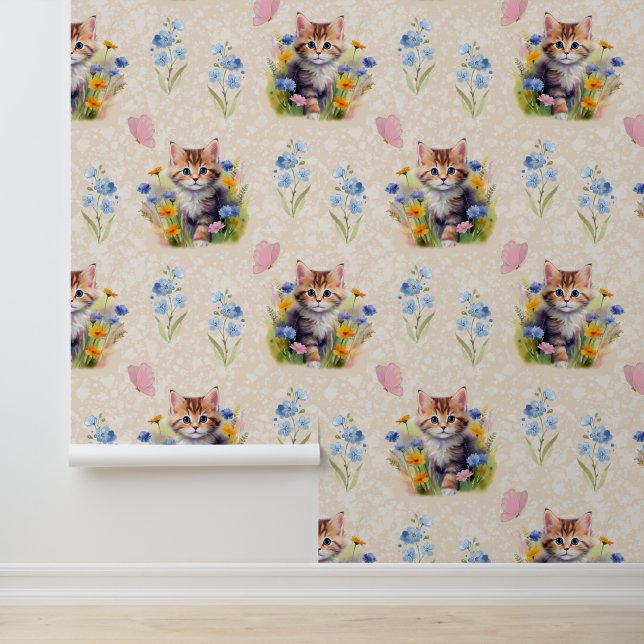 Aquarell Baby Kitten Katze Floral Butterfly Creme Tapete (Anwendung)