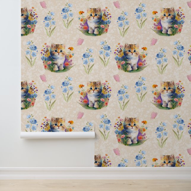 Aquarell Baby Kitten Katze Floral Butterfly Creme Tapete (Anwendung)