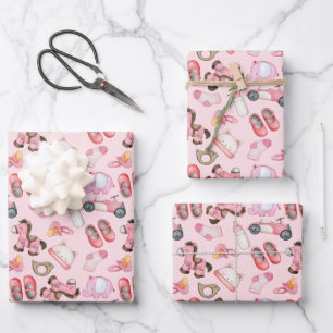 Aquarell-Baby-Mädchen-Muster-Spielzeug-Kleidung-Sh Geschenkpapier Set