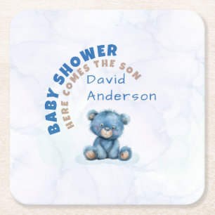 Aquarell-Baby-Party Junge Blau Teddybär Rechteckiger Pappuntersetzer
