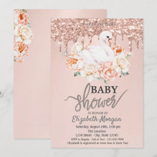 Aquarell-Baby-Schwan-Roségold-Glittertropfen Einladung