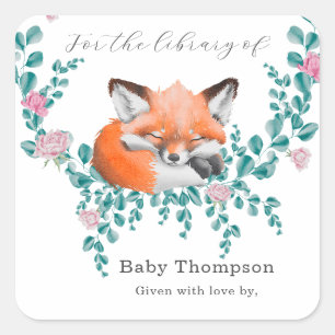 Aquarell-Babyfuchs in Blüte - für die Bibliothek v Quadratischer Aufkleber