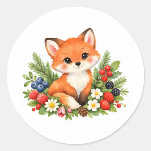 Aquarell-Babyfuchs mit Beeren und Blumen Runder Aufkleber