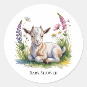 Aquarell-Babygeiß mit Wildblumen-Babyshower Runder Aufkleber